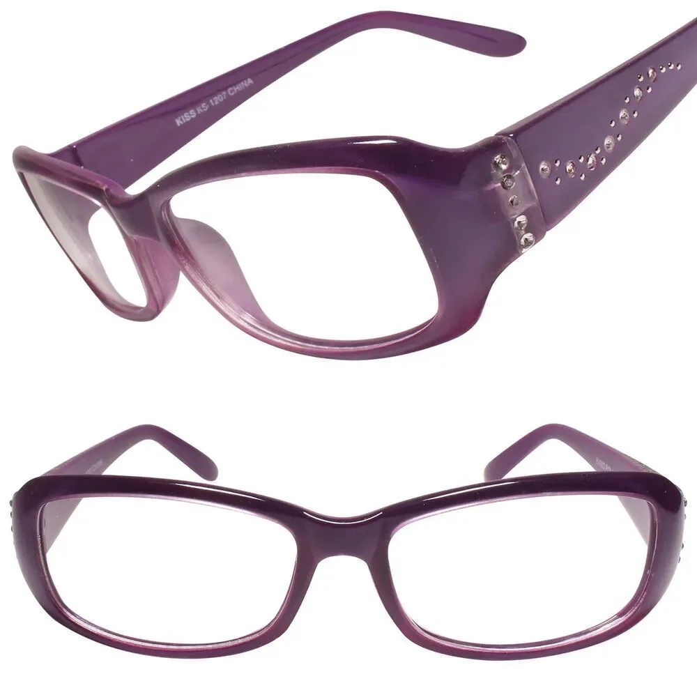 Stylish Womens Sophisticated Rhinestone Purple Rectangle Clear Lens Glasses